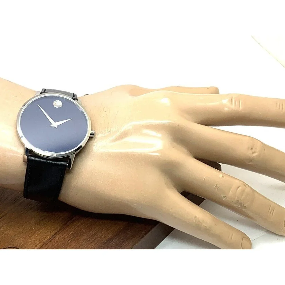 Movado Men's Watch 0607270 Museum Swiss Quartz Blue Dial Black Leather B…